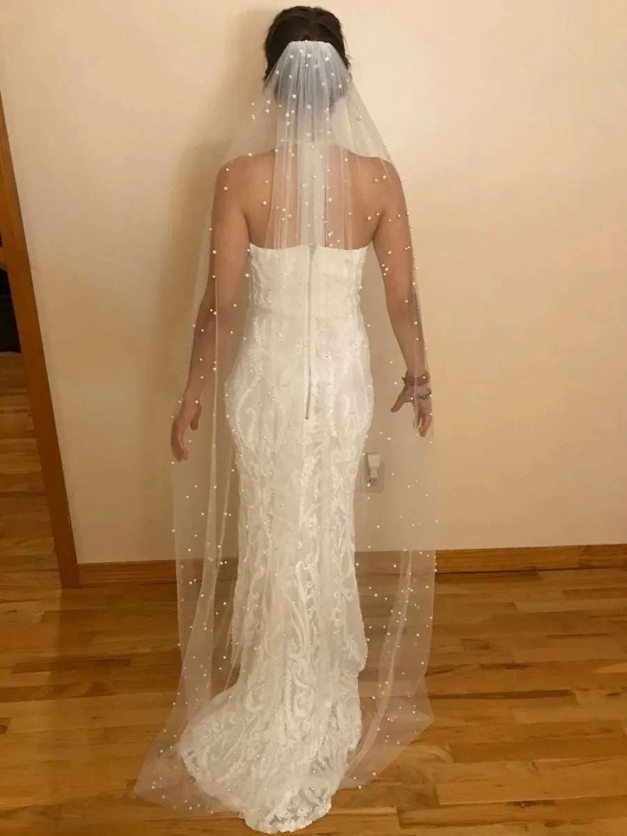 Elegant Long Tulle Wedding Veil with Pearls sold by My Chic Dress