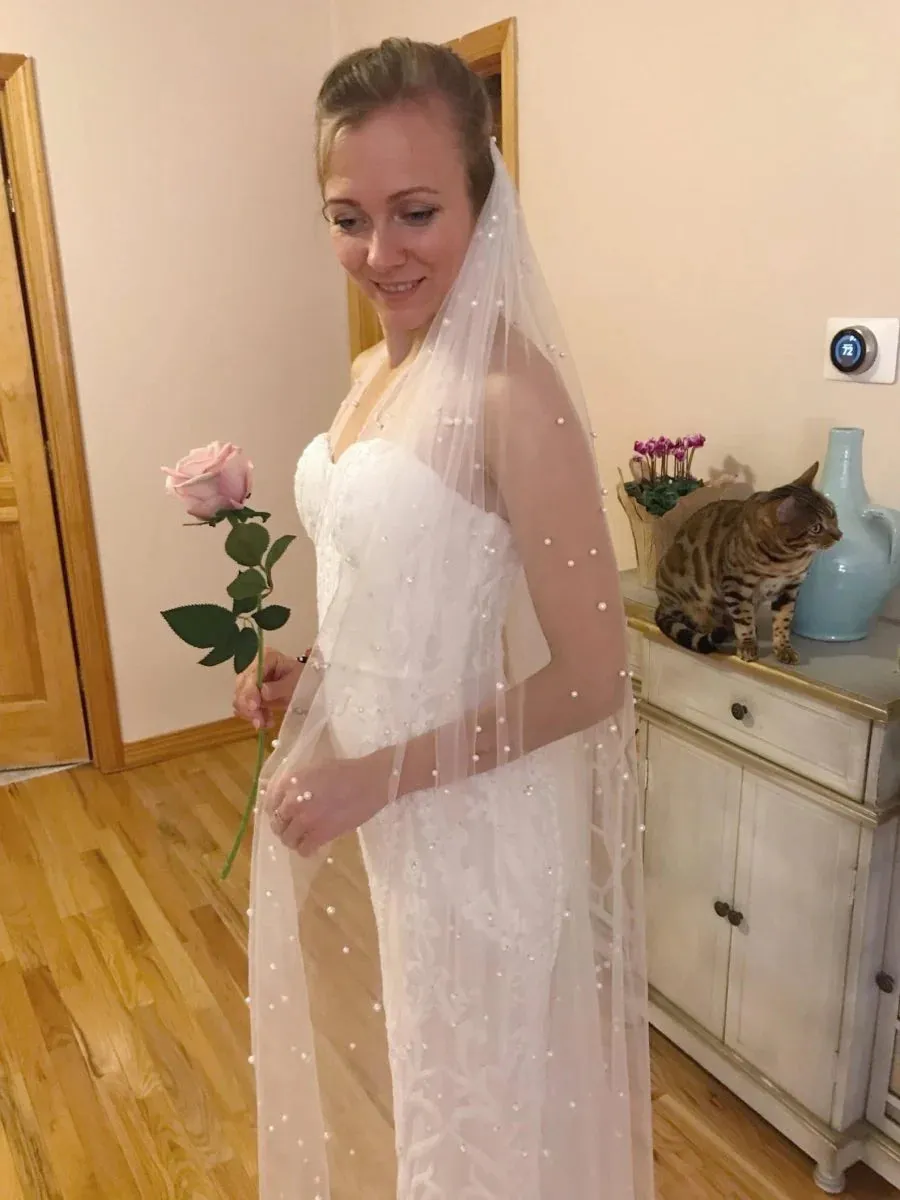 Elegant Long Tulle Wedding Veil with Pearls sold by My Chic Dress product image thumbnail 3