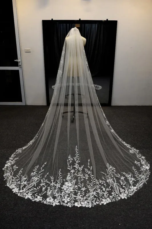 Long Lace White Wedding Veil Appliques Cathedral Bridal Veils sold by My Chic Dress