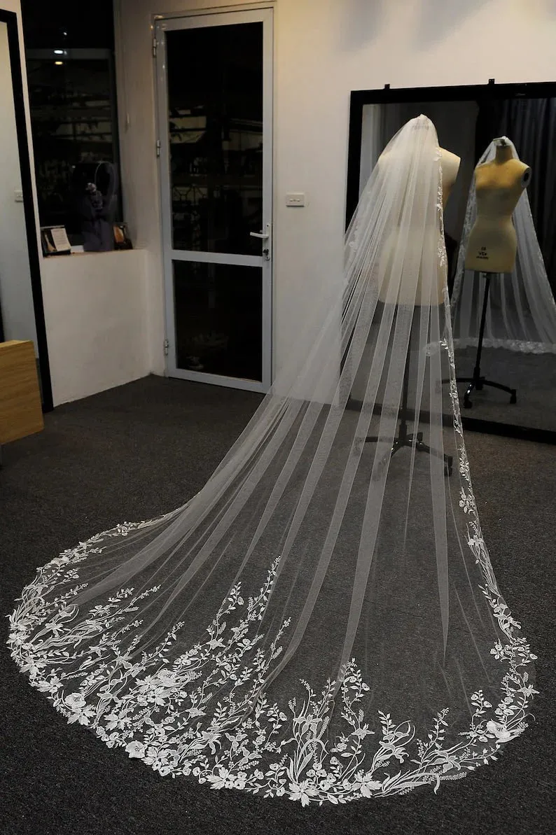 Long Lace White Wedding Veil Appliques Cathedral Bridal Veils sold by My Chic Dress product image thumbnail 2