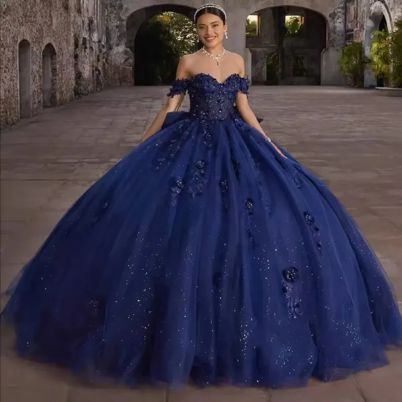 Customized Navy Blue Quinceanera Dresses Beading Flowers Vestidos De 15 Anos sold by My Chic Dress