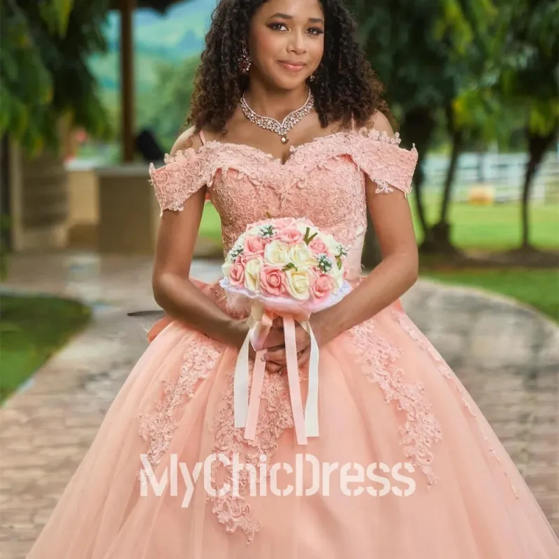 Off Shoulder Quinceanera Pink Dresses Lace Backless with Bow sold by My Chic Dress