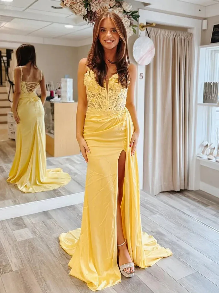 Mermaid Yellow Lace Formal Dress V Neck Long Evening Dresses sold by My Chic Dress