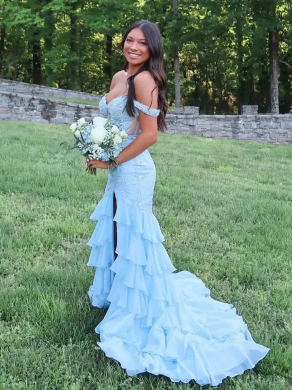 Long Light Blue Winter Formal Dress Lace Prom Dresses with Ruffles sold by My Chic Dress