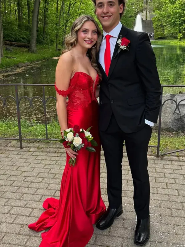 Off Shoulder Red Formal Dress Lace Mermaid Satin Prom Dresses sold by My Chic Dress