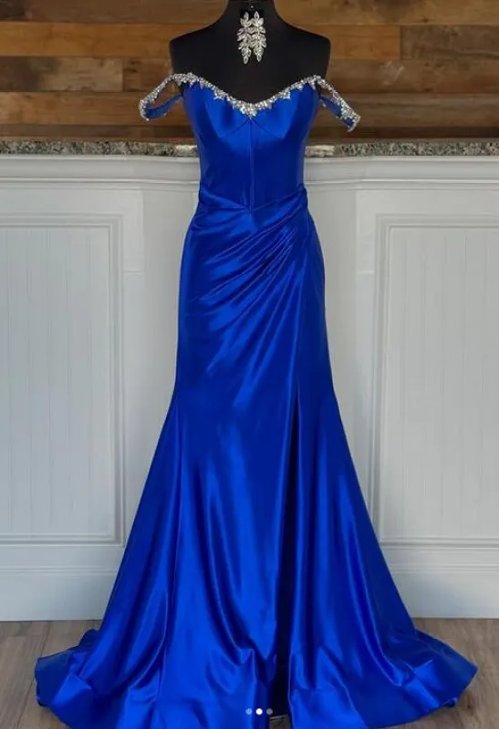 Long Royal Blue Formal Dress Satin Off the Shoulder with Beaded Neck sold by My Chic Dress