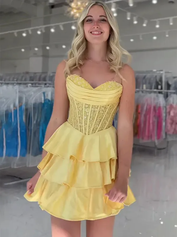 A Line Yellow Short Prom Dress Lace Ruffles Hoco Dress sold by My Chic Dress