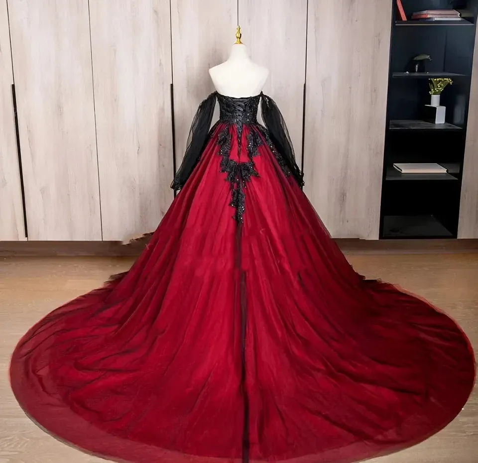 Gothic Red Black Wedding Dress Long Sleeve with Lace Applique Beaded sold by My Chic Dress product image thumbnail 2