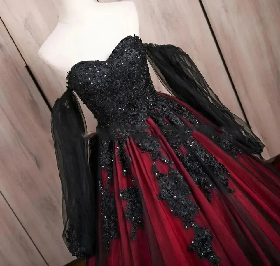 Gothic Red Black Wedding Dress Long Sleeve with Lace Applique Beaded sold by My Chic Dress product image thumbnail 3