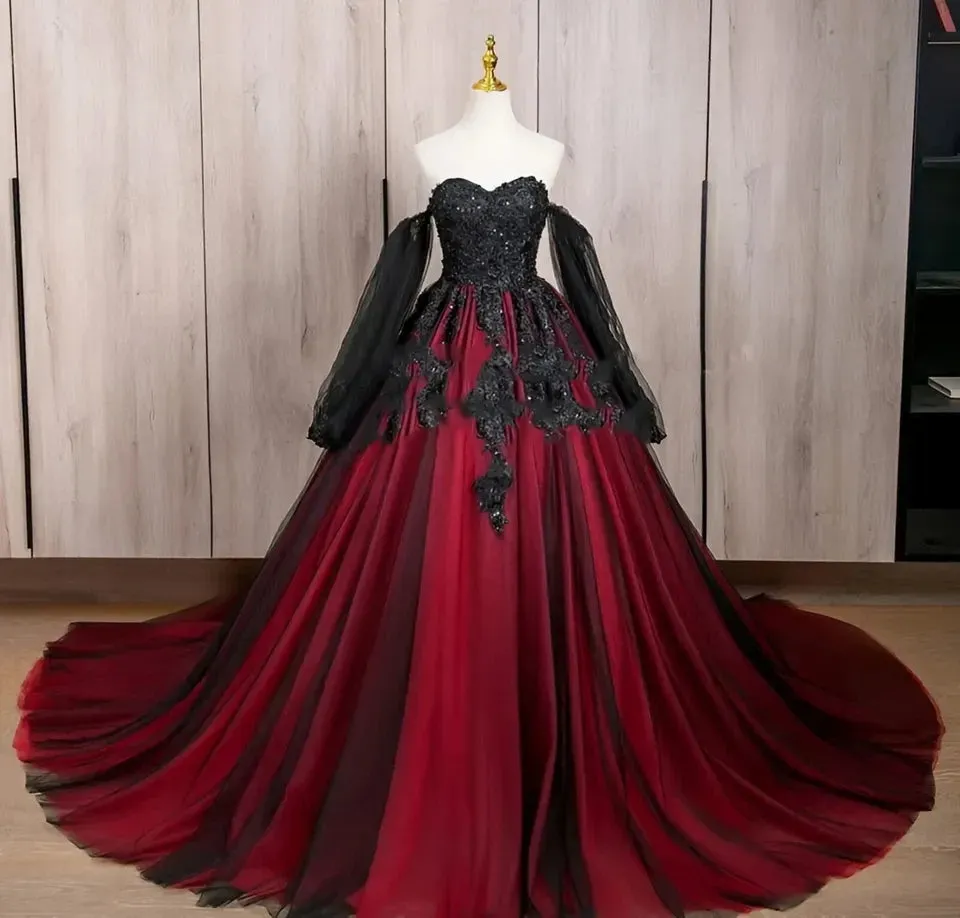 Gothic Red Black Wedding Dress Long Sleeve with Lace Applique Beaded sold by My Chic Dress