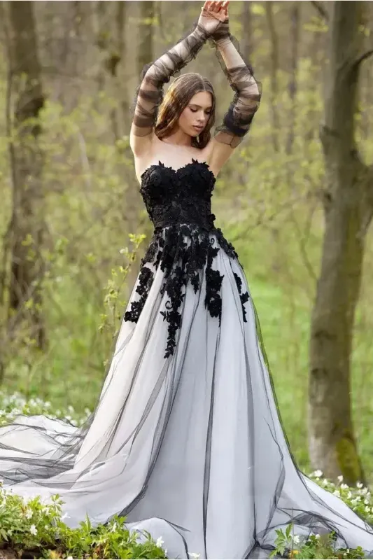 A-Line Lace Black White Wedding Dress Gothic Applique Sweetheart sold by My Chic Dress