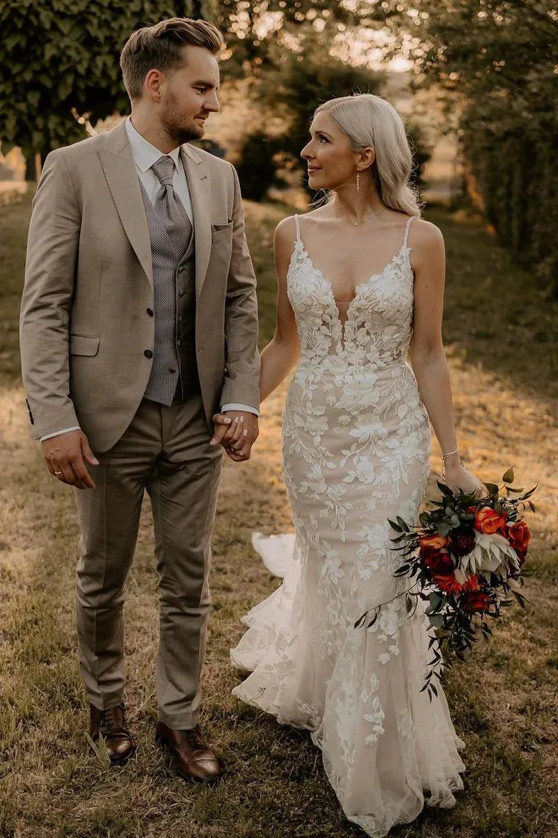 Unique Rustic Lace Mermaid Wedding Dress V-Neck with Appliques sold by My Chic Dress