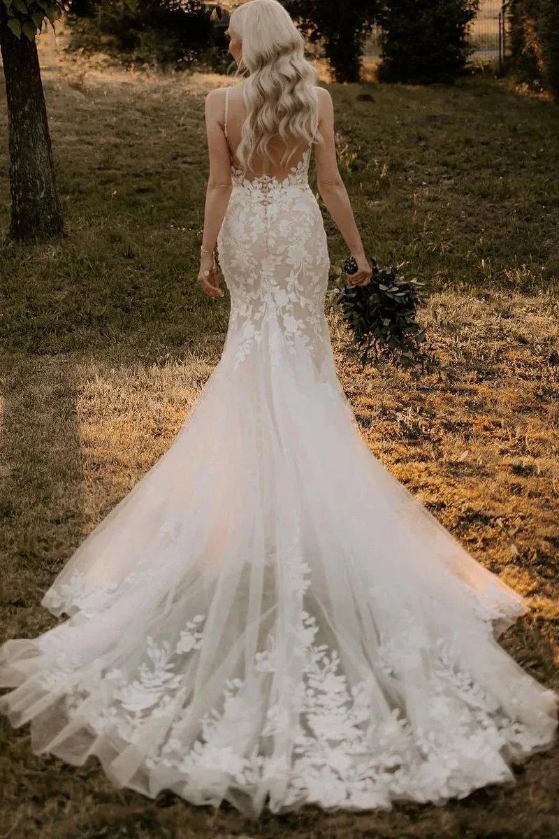 Unique Rustic Lace Mermaid Wedding Dress V-Neck with Appliques sold by My Chic Dress product image thumbnail 3