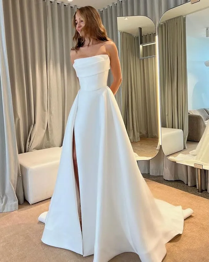 Unique Satin Minimalist Wedding Dress Strapless Ruched with Slit sold by My Chic Dress