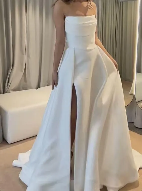 Unique Satin Minimalist Wedding Dress Strapless Ruched with Slit sold by My Chic Dress product image thumbnail 4