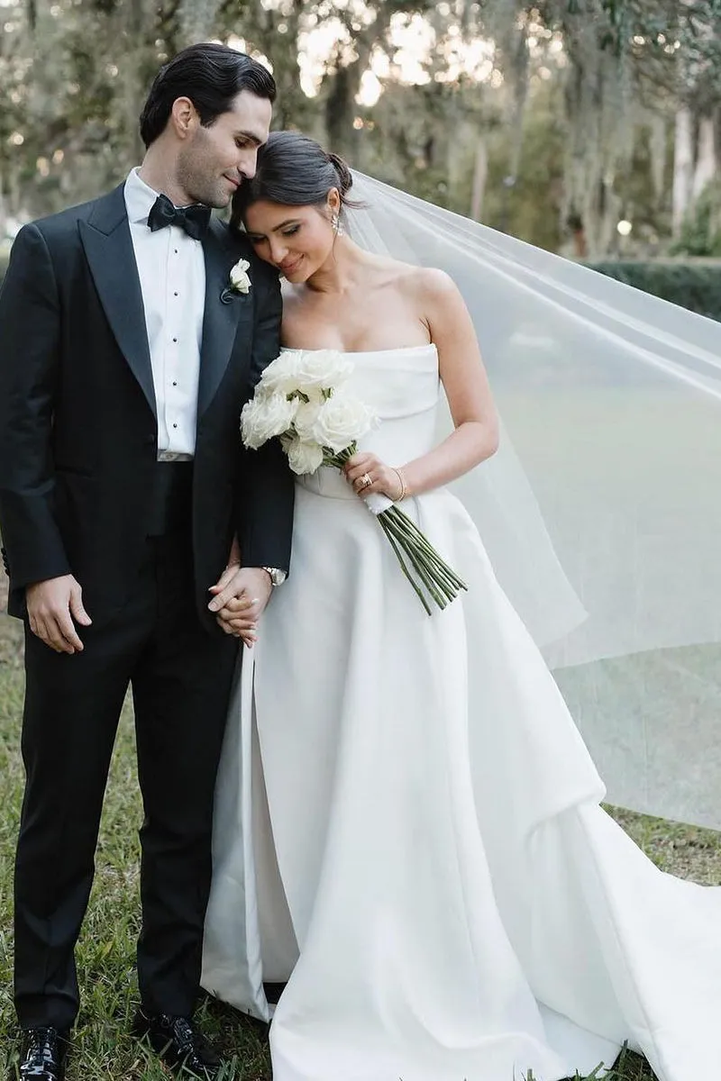 A-Line Satin Plain Wedding Dress White Strapless with Slit sold by My Chic Dress product image thumbnail 3