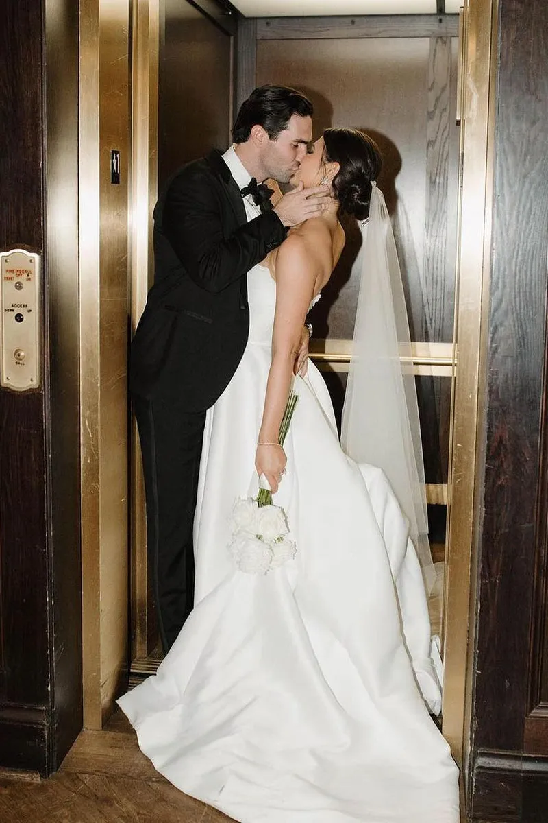 A-Line Satin Plain Wedding Dress White Strapless with Slit sold by My Chic Dress product image thumbnail 4