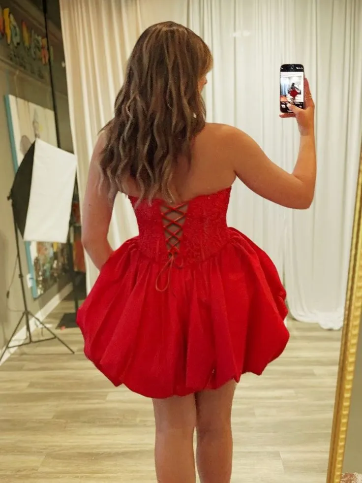 Lace Red Homecoming Dress Strapless Corset Beaded Bubble Hem sold by My Chic Dress product image thumbnail 3