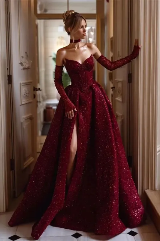 Sparkly Princess Burgundy Sequin Prom Dresses Strapless with High Slit sold by My Chic Dress