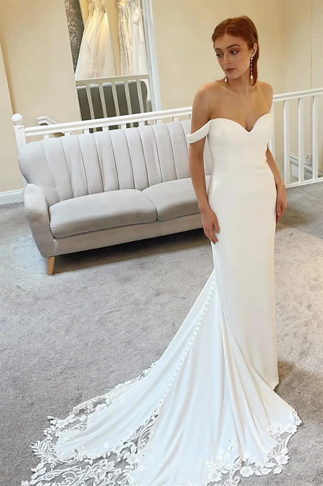Princess Satin Lace Off-The-Shoulder Wedding Dress Mermaid sold by My Chic Dress product image thumbnail 2