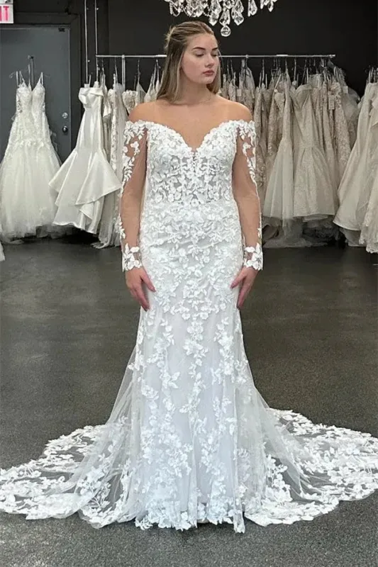 Modest Long Sleeves Wedding Dress Mermaid Off-The-Shoulder Sweetheart sold by My Chic Dress