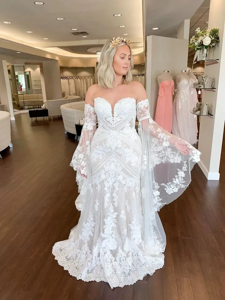 Boho Lace Mermaid Wedding Dress Sweetheart Bell Sleeves sold by My Chic Dress