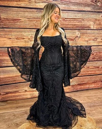 Lace Black Boho Wedding Dress with Bell Sleeves for Whimsical Boho Bride sold by My Chic Dress
