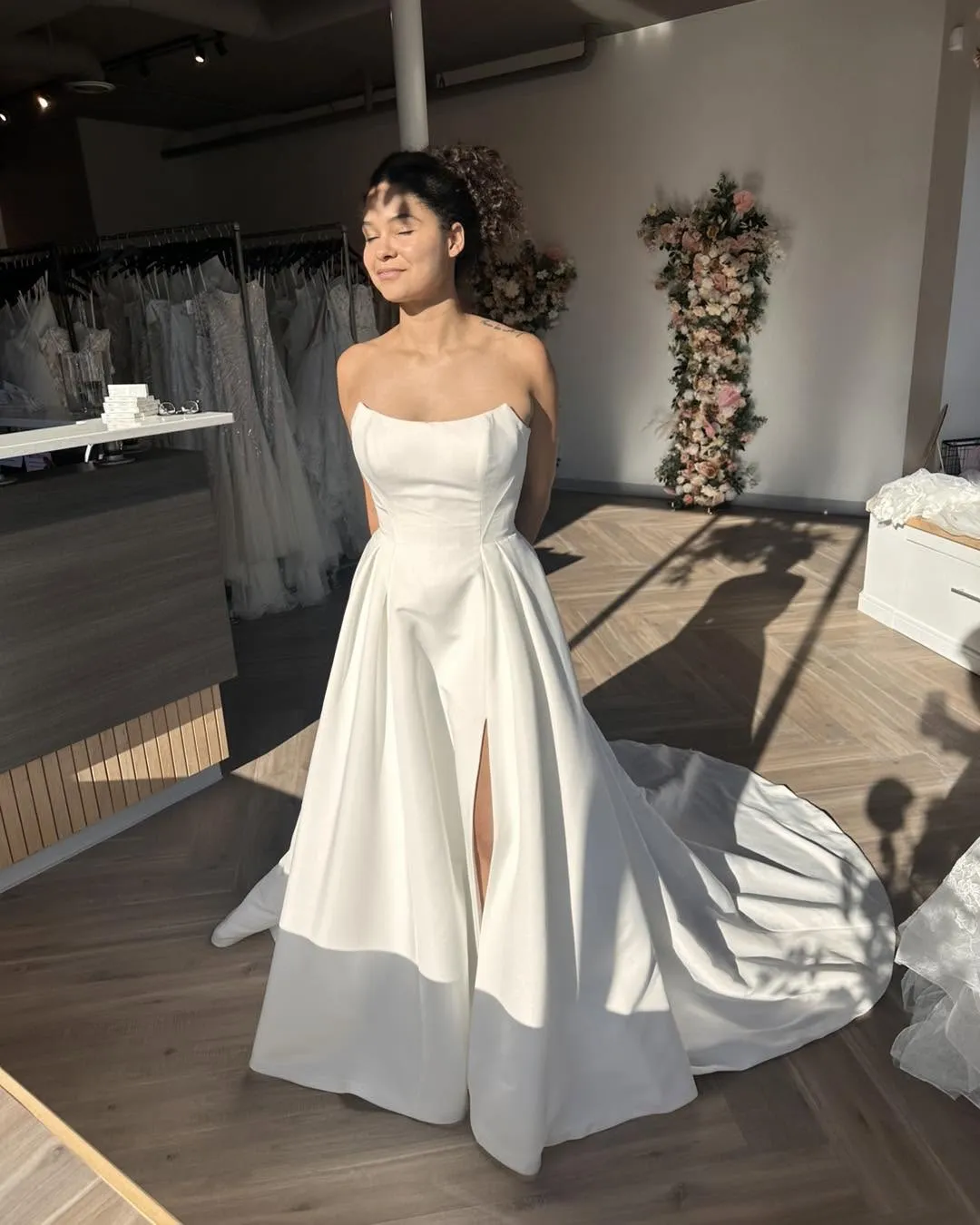 Elegant Minimalist Wedding Dress Satin Strapless Bridal Wear Slit sold by My Chic Dress product image thumbnail 2