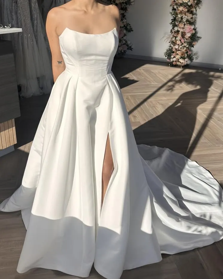 Elegant Minimalist Wedding Dress Satin Strapless Bridal Wear Slit sold by My Chic Dress