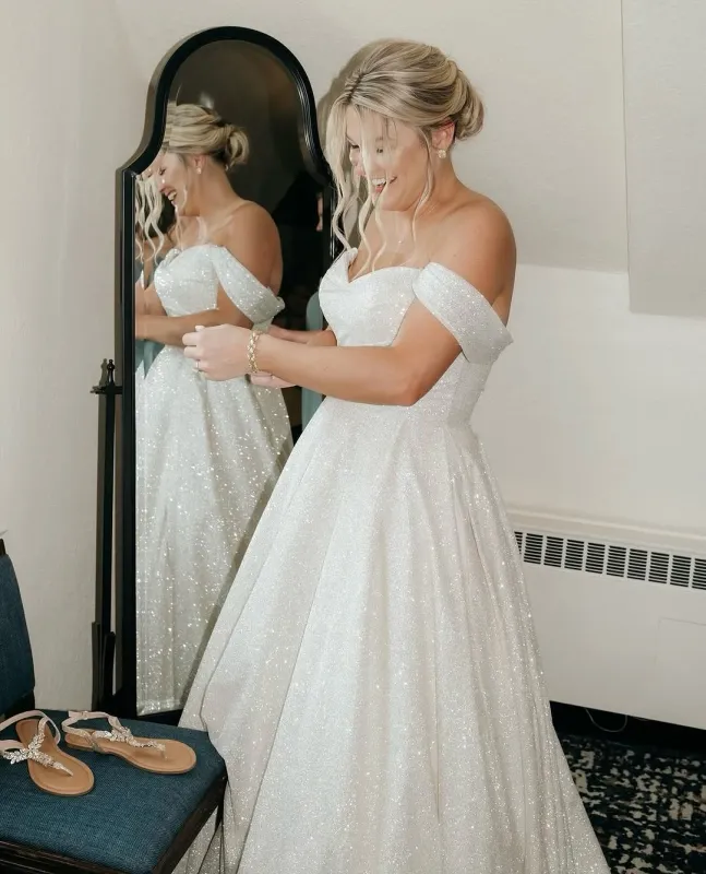 Gorgeous Glitter White Wedding Dress Sequin off-the-Shoulder Bridal Gown sold by My Chic Dress