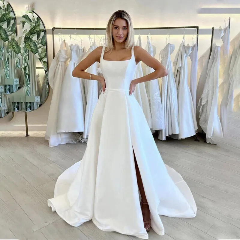 Minimalist Square Neck Wedding Dresses Satin with Side Split sold by My Chic Dress