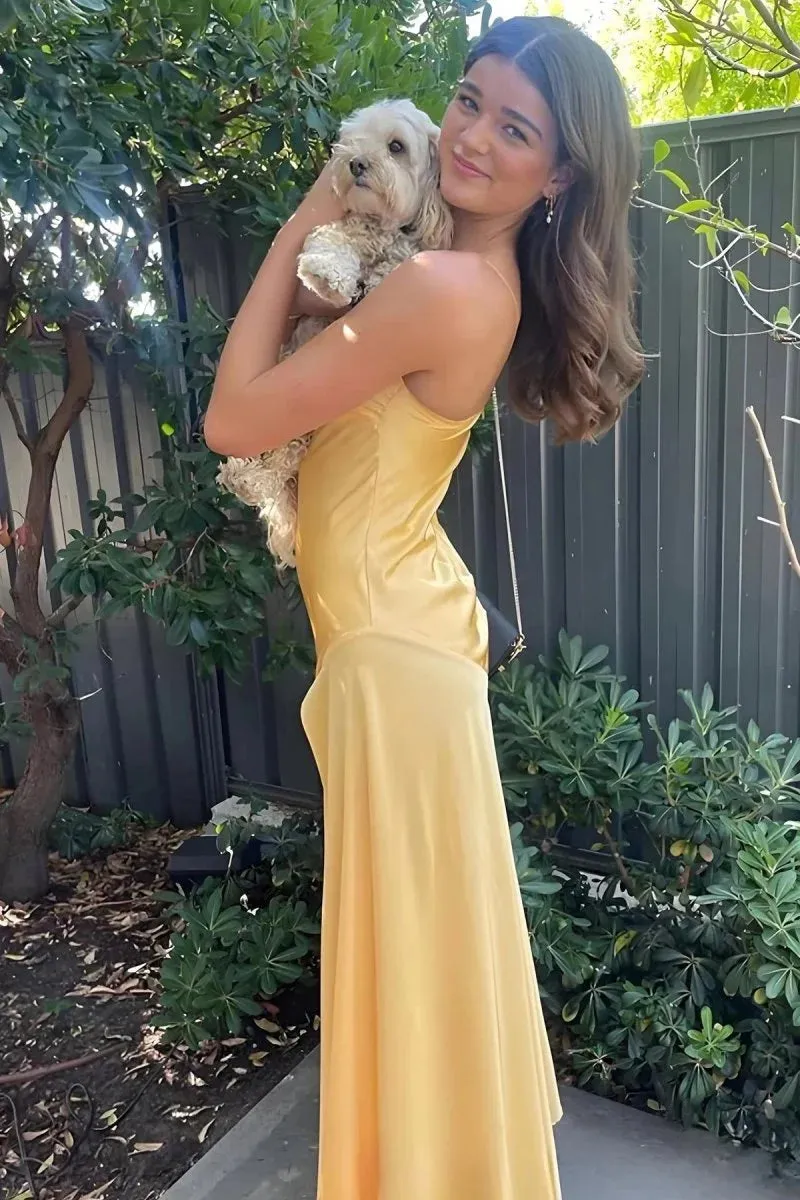 Sheath Strapless Yellow Maxi Dress Satin Wedding Guest Dress with Slit sold by My Chic Dress product image thumbnail 5