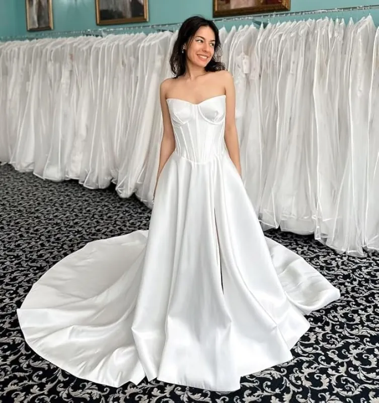 A Line Satin Strapless Wedding Dresses Corset Bridal Gown sold by My Chic Dress