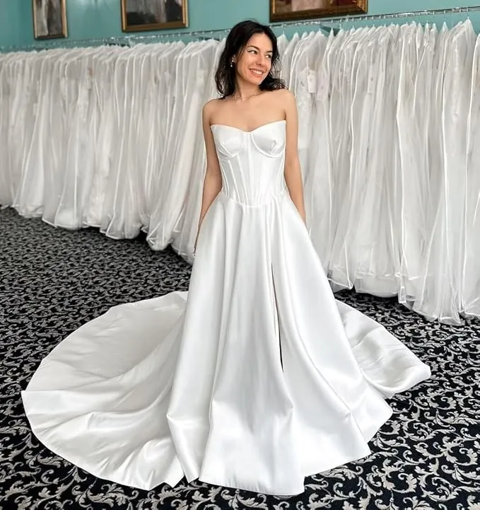 A Line Satin Strapless Wedding Dresses Corset Bridal Gown sold by My Chic Dress