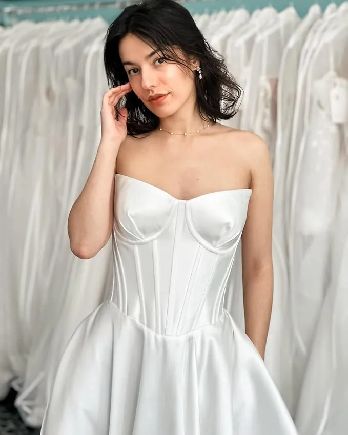 A Line Satin Strapless Wedding Dresses Corset Bridal Gown sold by My Chic Dress product image thumbnail 2