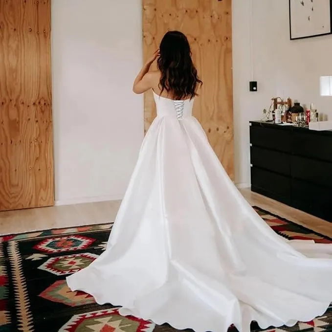 A Line Satin Strapless Wedding Dresses Corset Bridal Gown sold by My Chic Dress product image thumbnail 3