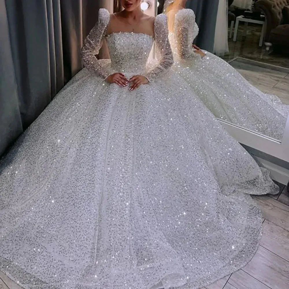 Princess Ball Gown Sequin White Wedding Dress Long Sleeves sold by My Chic Dress