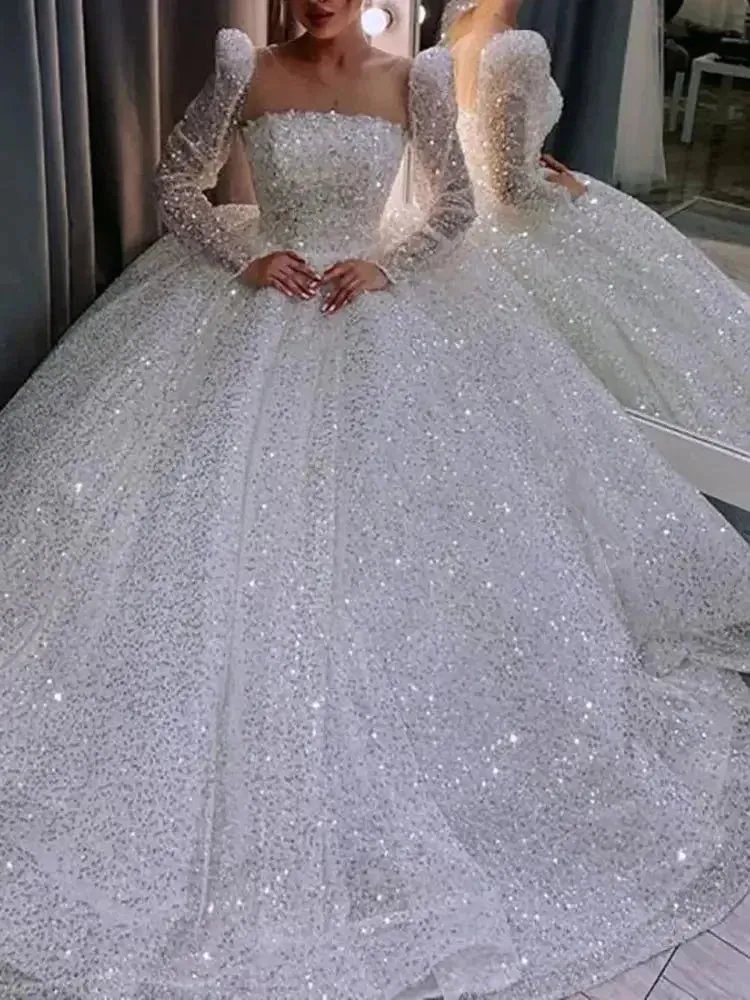 Princess Ball Gown Sequin White Wedding Dress Long Sleeves sold by My Chic Dress product image thumbnail 2