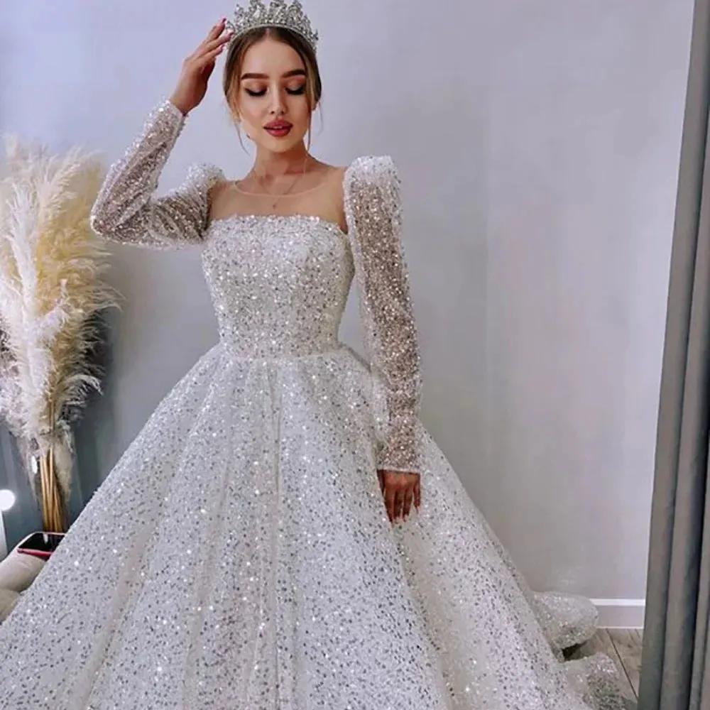 Princess Ball Gown Sequin White Wedding Dress Long Sleeves sold by My Chic Dress product image thumbnail 3