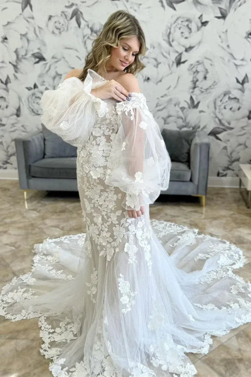 Flowy Lace Wedding Dresses with Sleeves Off-The-Shoulder Mermaid sold by My Chic Dress