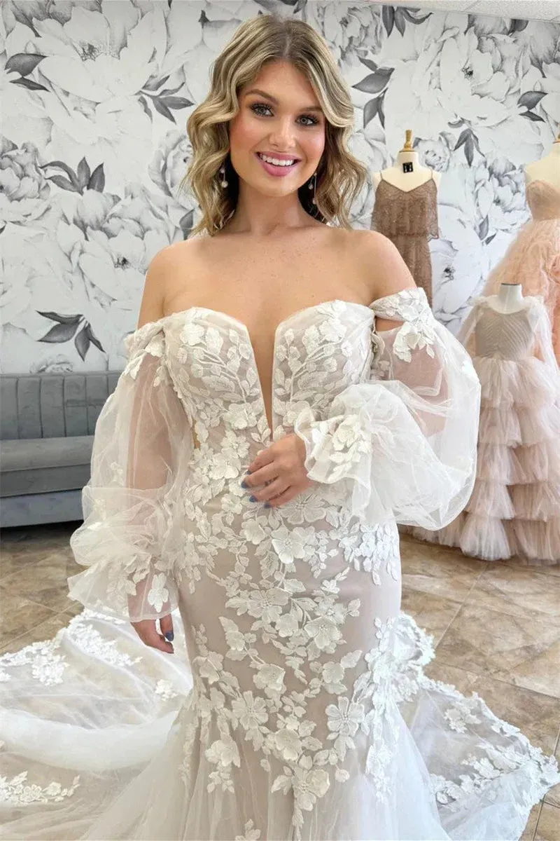 Flowy Lace Wedding Dresses with Sleeves Off-The-Shoulder Mermaid sold by My Chic Dress product image thumbnail 2