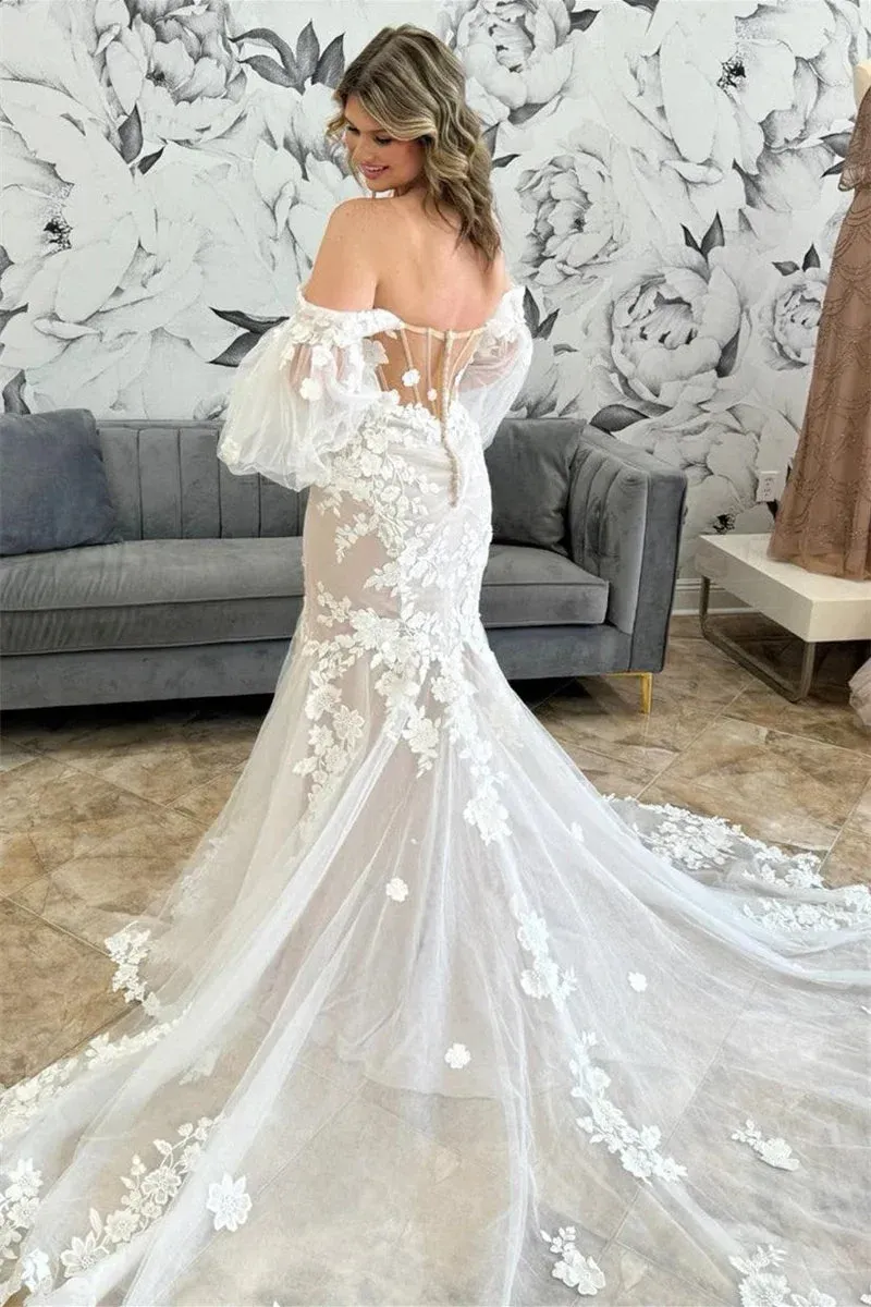 Flowy Lace Wedding Dresses with Sleeves Off-The-Shoulder Mermaid sold by My Chic Dress product image thumbnail 3
