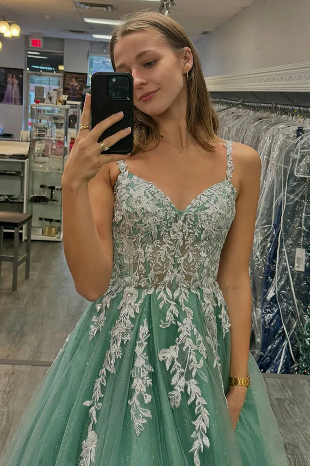 Cheap Sage Green Prom Dresses Lace A Line Tulle Formal Dress sold by My Chic Dress product image thumbnail 2