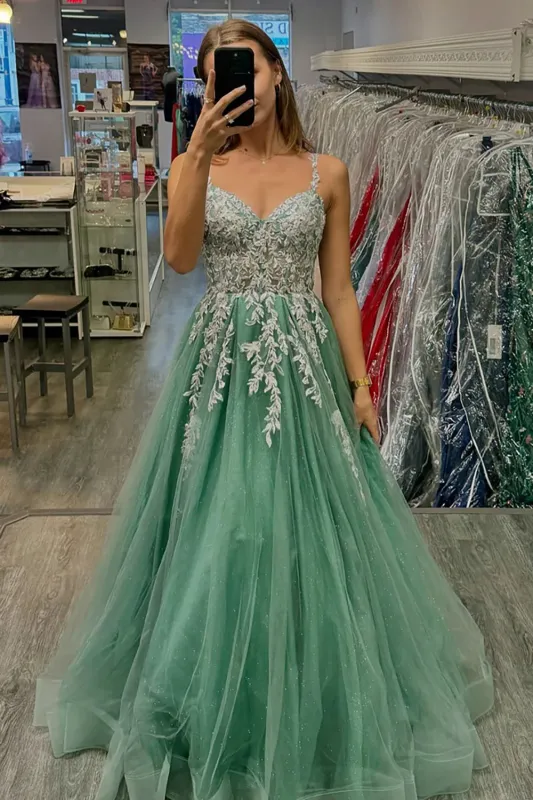 Cheap Sage Green Prom Dresses Lace A Line Tulle Formal Dress sold by My Chic Dress