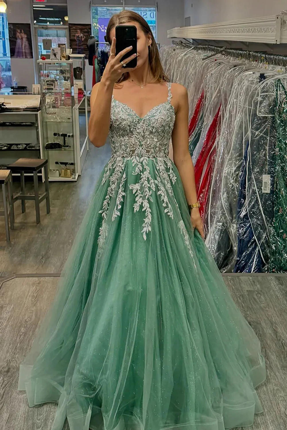 Cheap Sage Green Prom Dresses Lace A Line Tulle Formal Dress sold by My Chic Dress