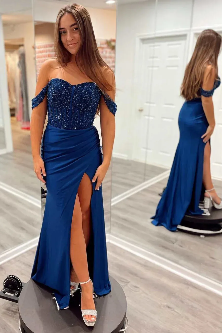 Cheap Navy Blue Prom Dresses Corset Off The Shoulder with Slit sold by My Chic Dress product image thumbnail 2
