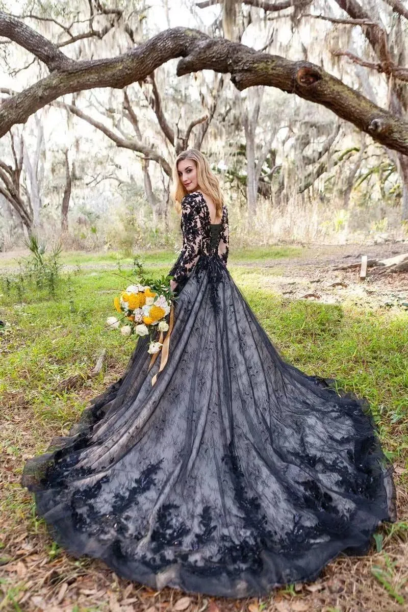 Long Sleeve Lace Black Gothic Wedding Dresses for Bride with Train sold by My Chic Dress product image thumbnail 2