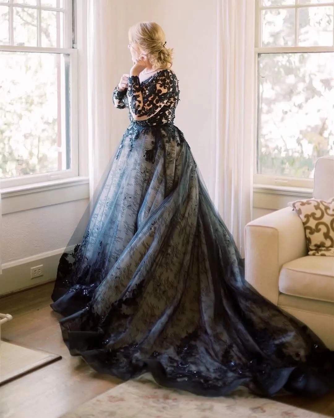 Long Sleeve Lace Black Gothic Wedding Dresses for Bride with Train sold by My Chic Dress product image thumbnail 5