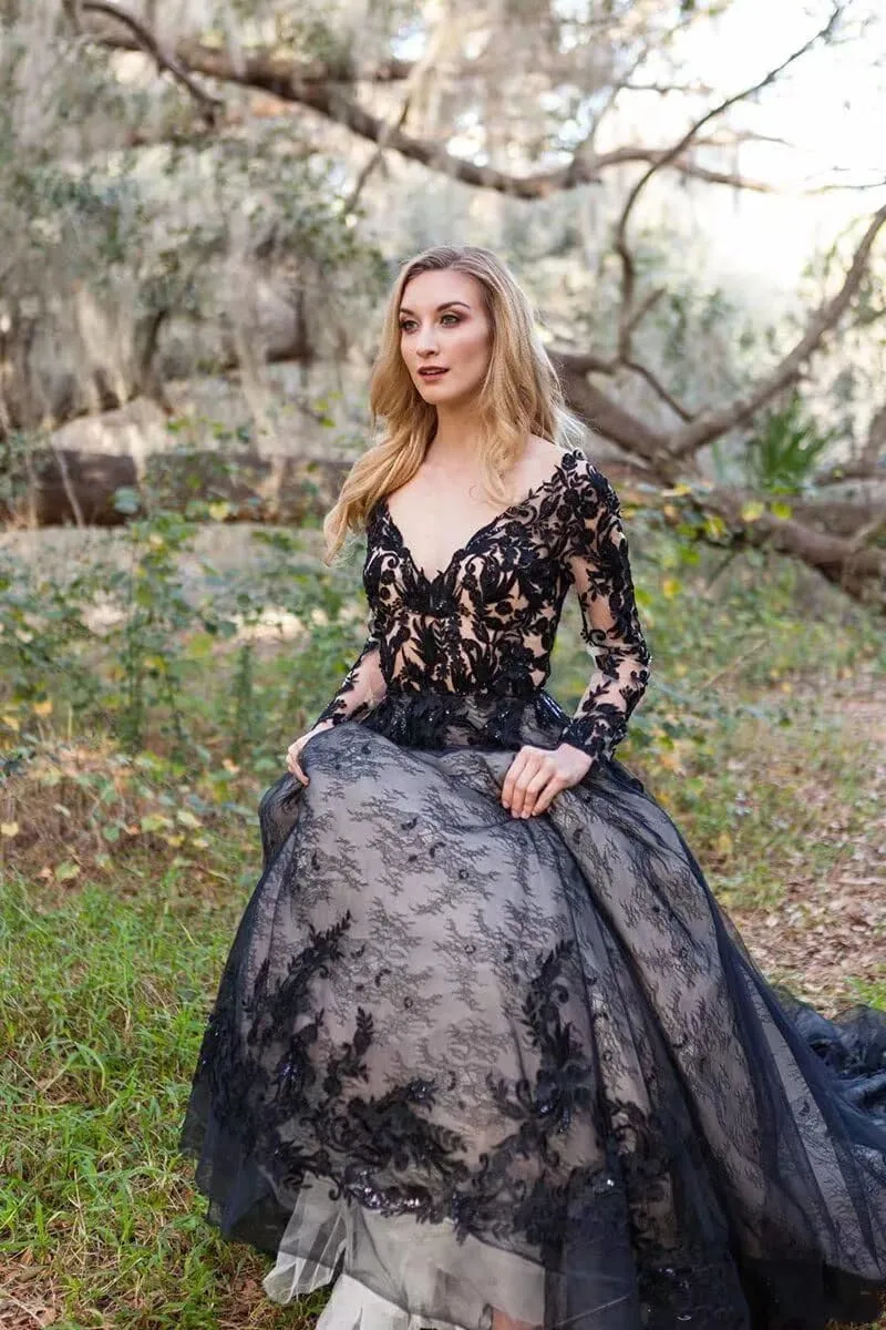 Long Sleeve Lace Black Gothic Wedding Dresses for Bride with Train sold by My Chic Dress product image thumbnail 3