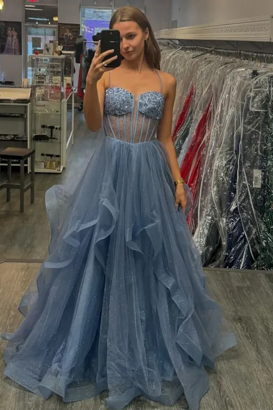 Sparkly A Line Dusty Blue Sequin Prom Dress Tulle Beaded Sleeveless made by My Chic Dress